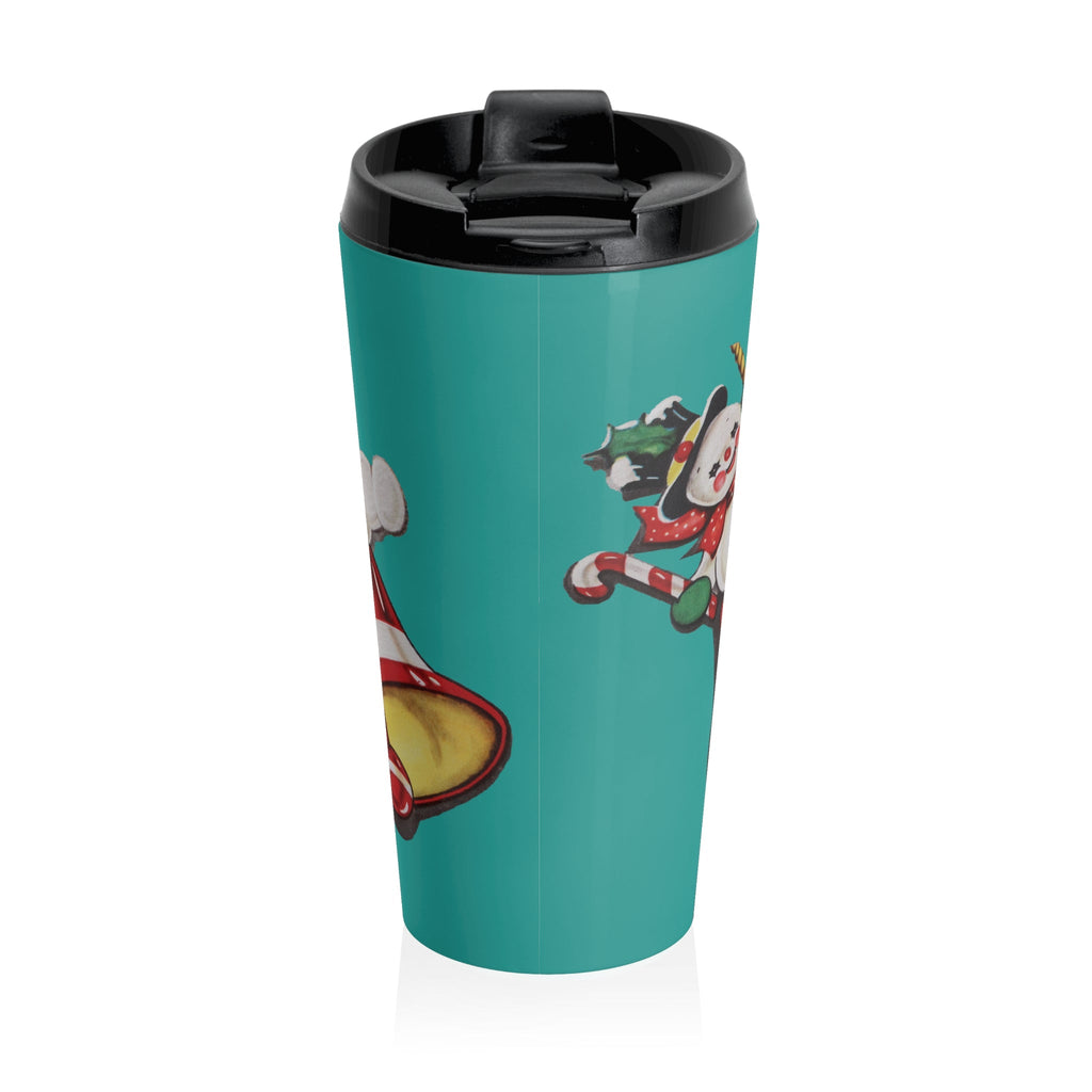 Cute Retro Snowman On Christmas Bell Mid Century Retro Christmas Print Turqoise Stainless Steel Travel Mug Tumbler 15oz
