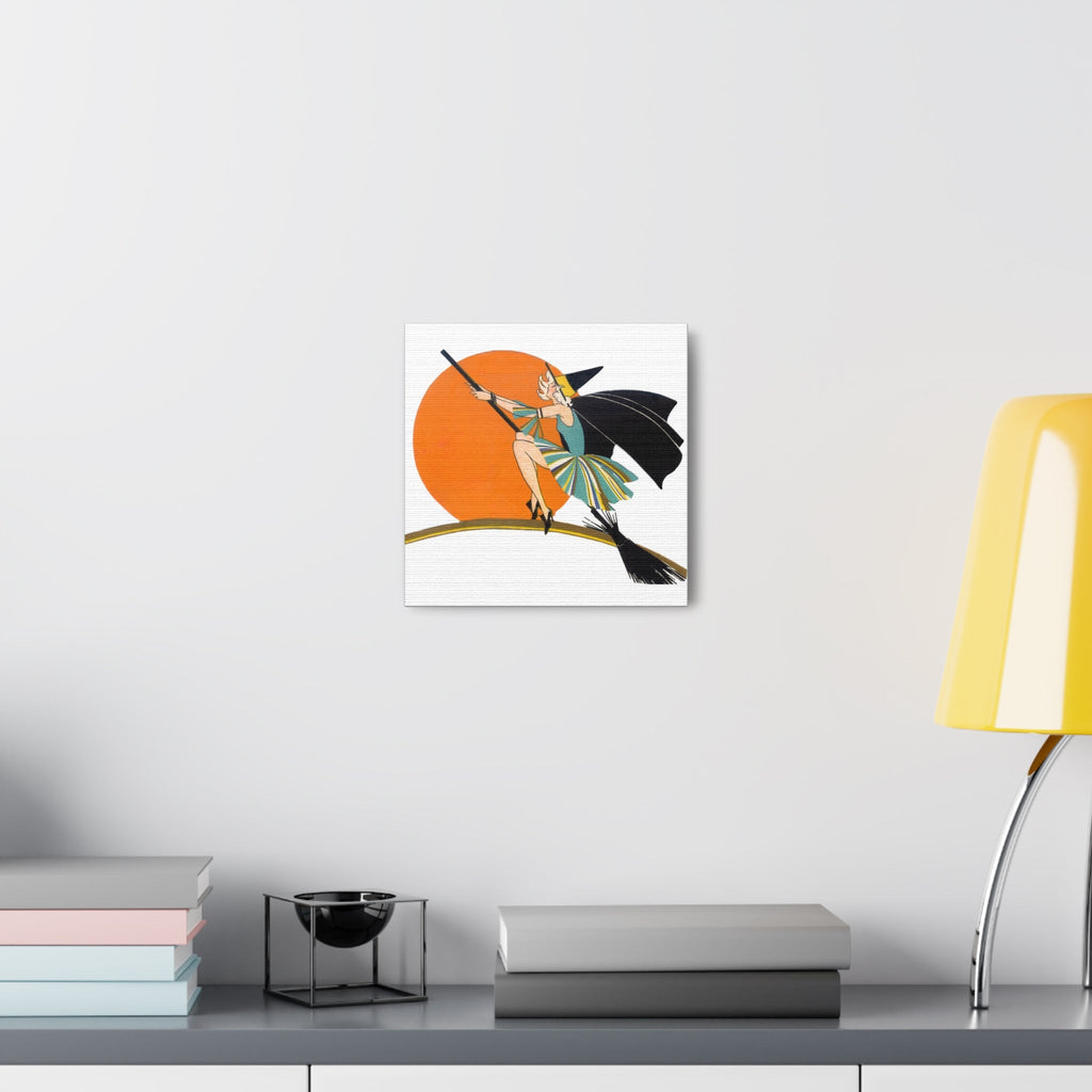 Flapper Witch On Broom Orange Moon Retro Halloween Decor Print Canvas Gallery Wrap