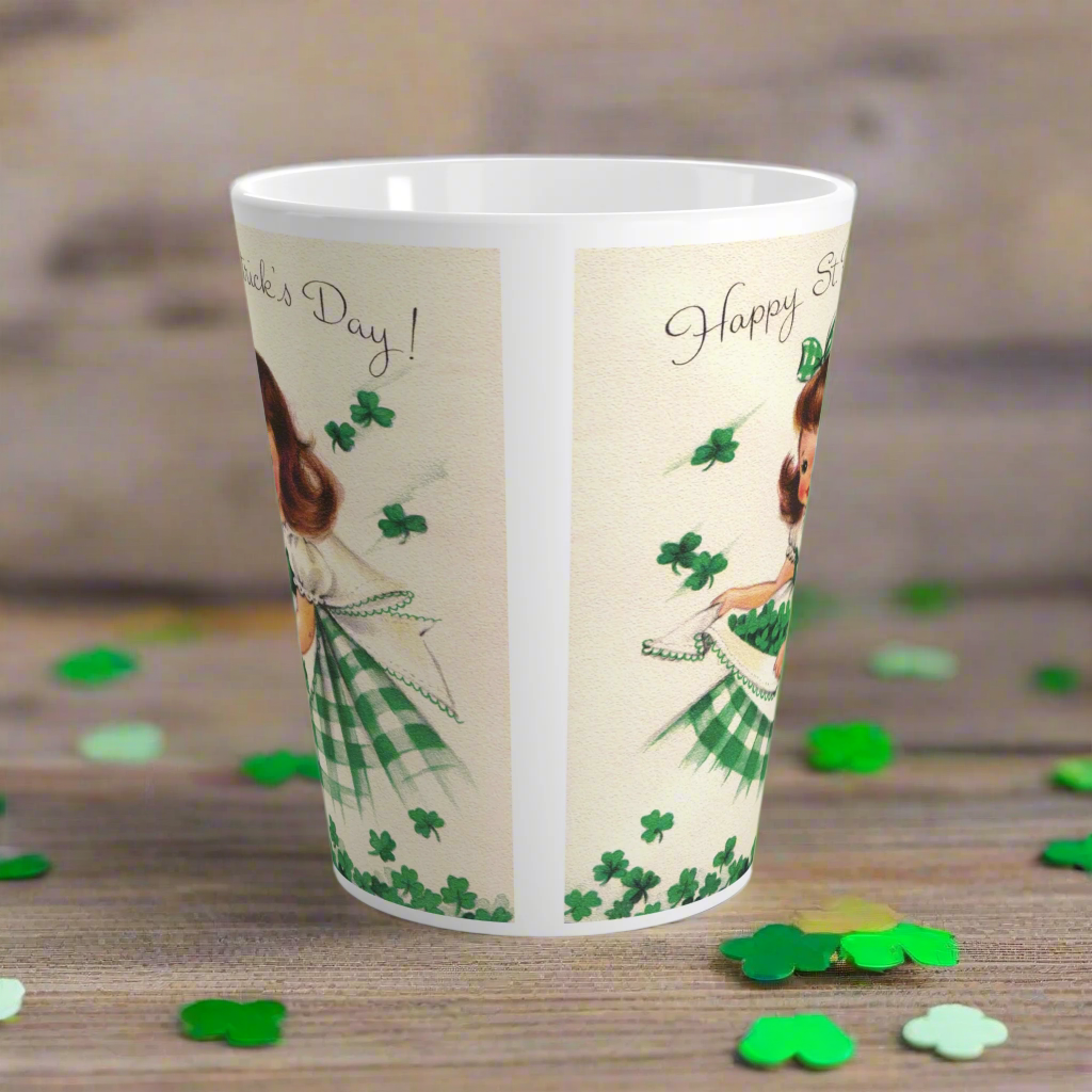 Happy St. Patrick's Day Girl Gathering Shamrocks Retro Latte Coffee Mug