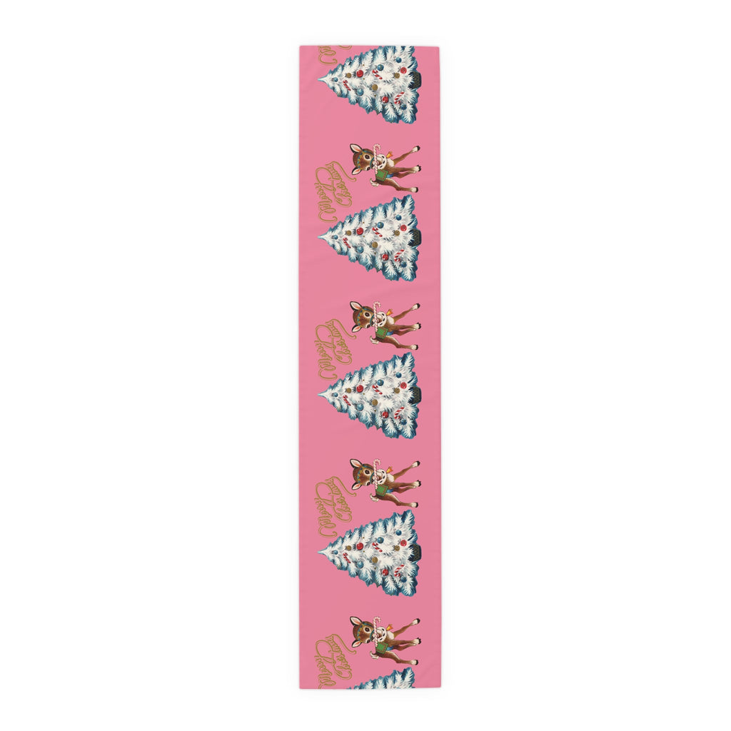 Merry Christmas Tree And Reindeer Pink Retro Christmas Print Home Decor Cotton Poly Table Runner