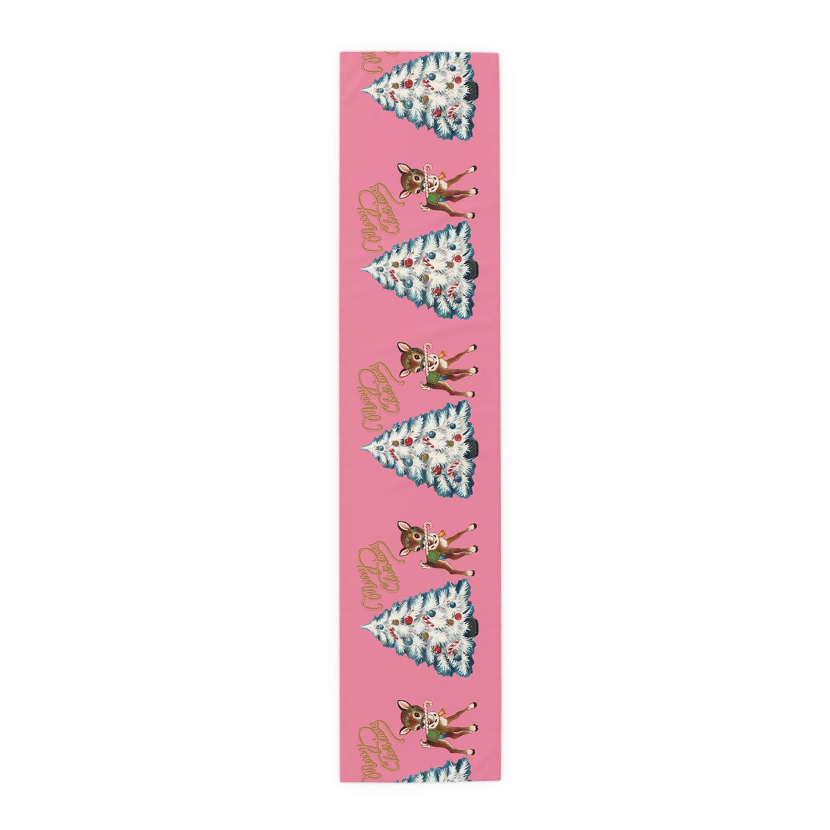 Merry Christmas Tree And Reindeer Pink Retro Christmas Print Home Decor Cotton Poly Table Runner