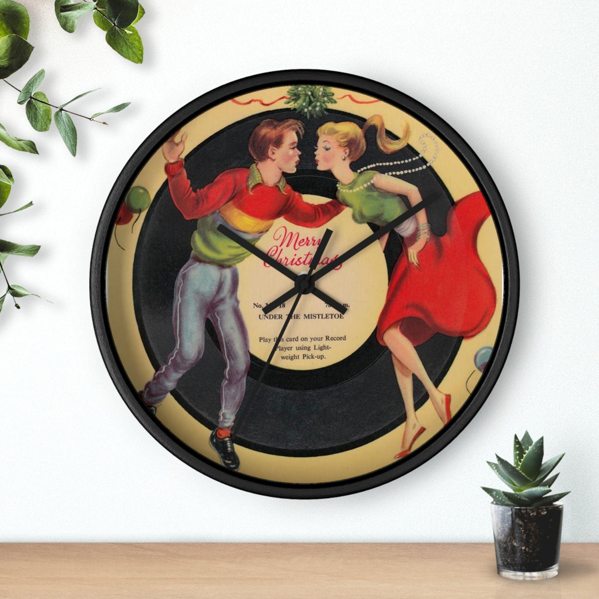 Under The Mistletoe Merry Christmas Couple Record Retro Black Wooden Wall Clock