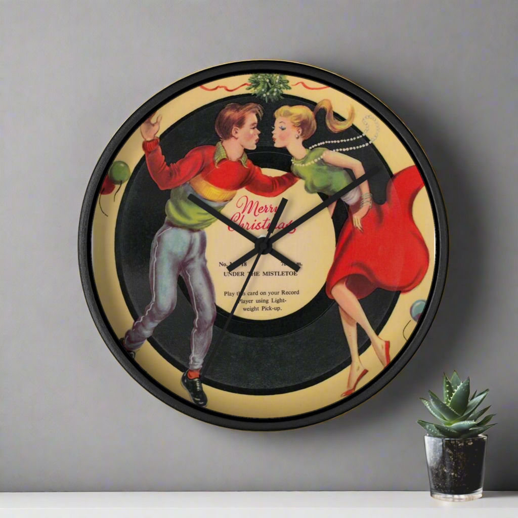 Under The Mistletoe Merry Christmas Couple Record Retro Black Wooden Wall Clock