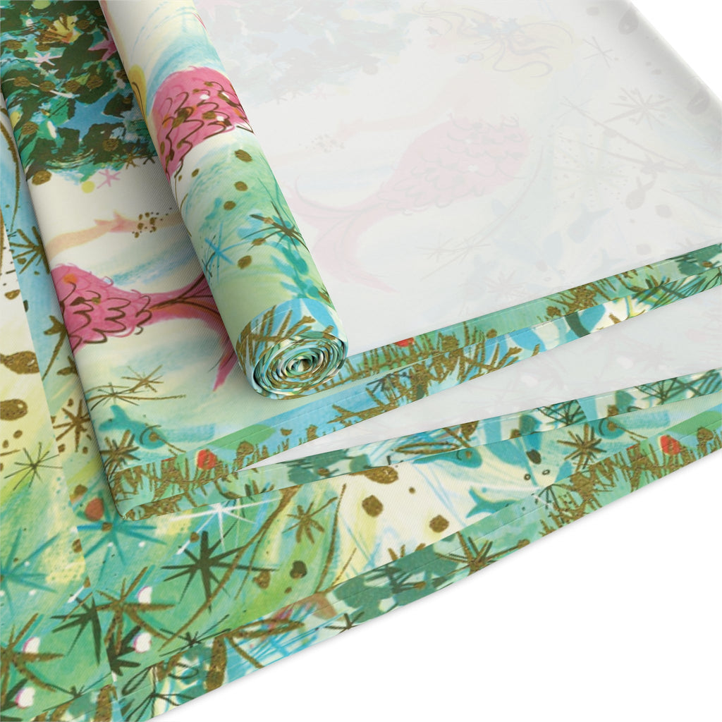 Mermaids Under The Sea Around The Christmas Tree Retro Polyester Table Runner