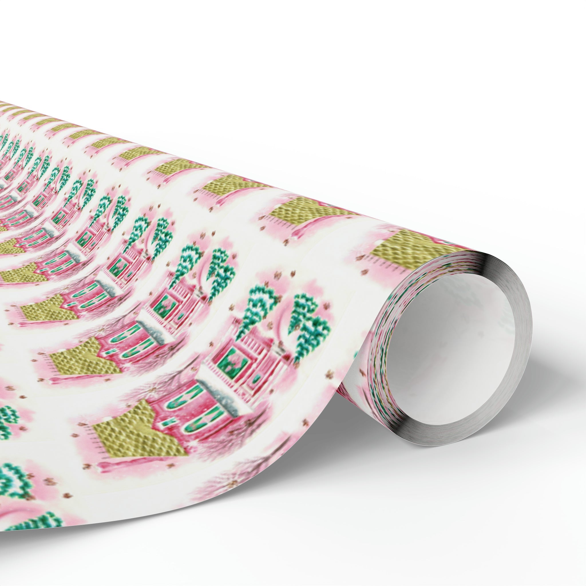 Pink Christmas House Mid Century Retro Christmas Print Holiday Gift Wrap Paper - Glossy Or Matte