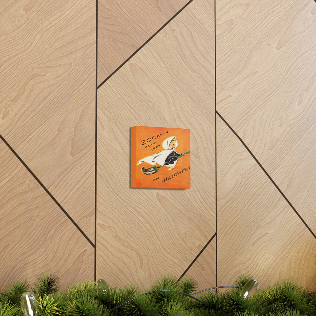 Zoomin' Your Way On Halloween Orange Witch On Broom Retro Halloween Decor Print Canvas Gallery Wrap