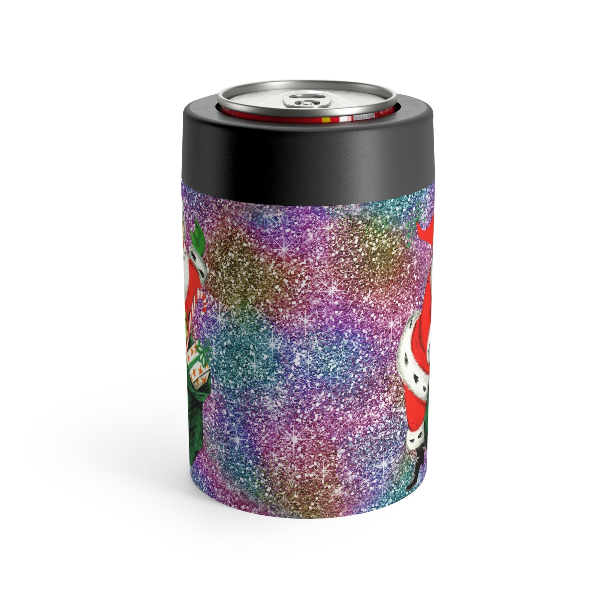 Santa With His Sack Of Presents Glitter Background Mid Century Retro Christmas Print Stainless Steel Can Holder