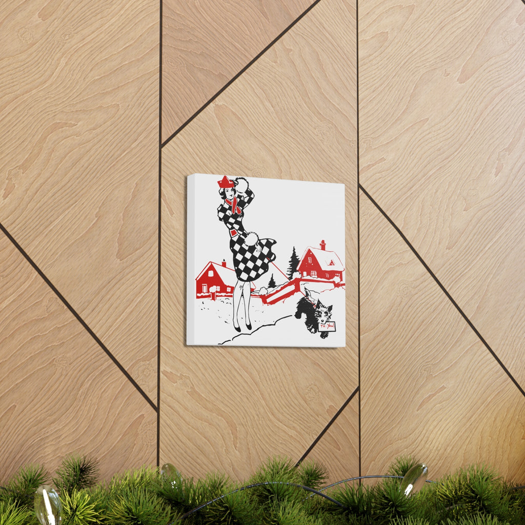 Christmas Lady And Dog Canvas Gallery Wrap - Retro Style