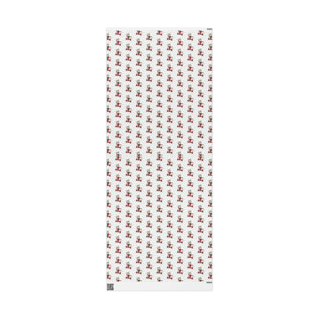 Christmas Mouse On Scooter Green Stars Mid Century Retro Christmas Print Holiday Gift Wrap Paper - Glossy Or Matte