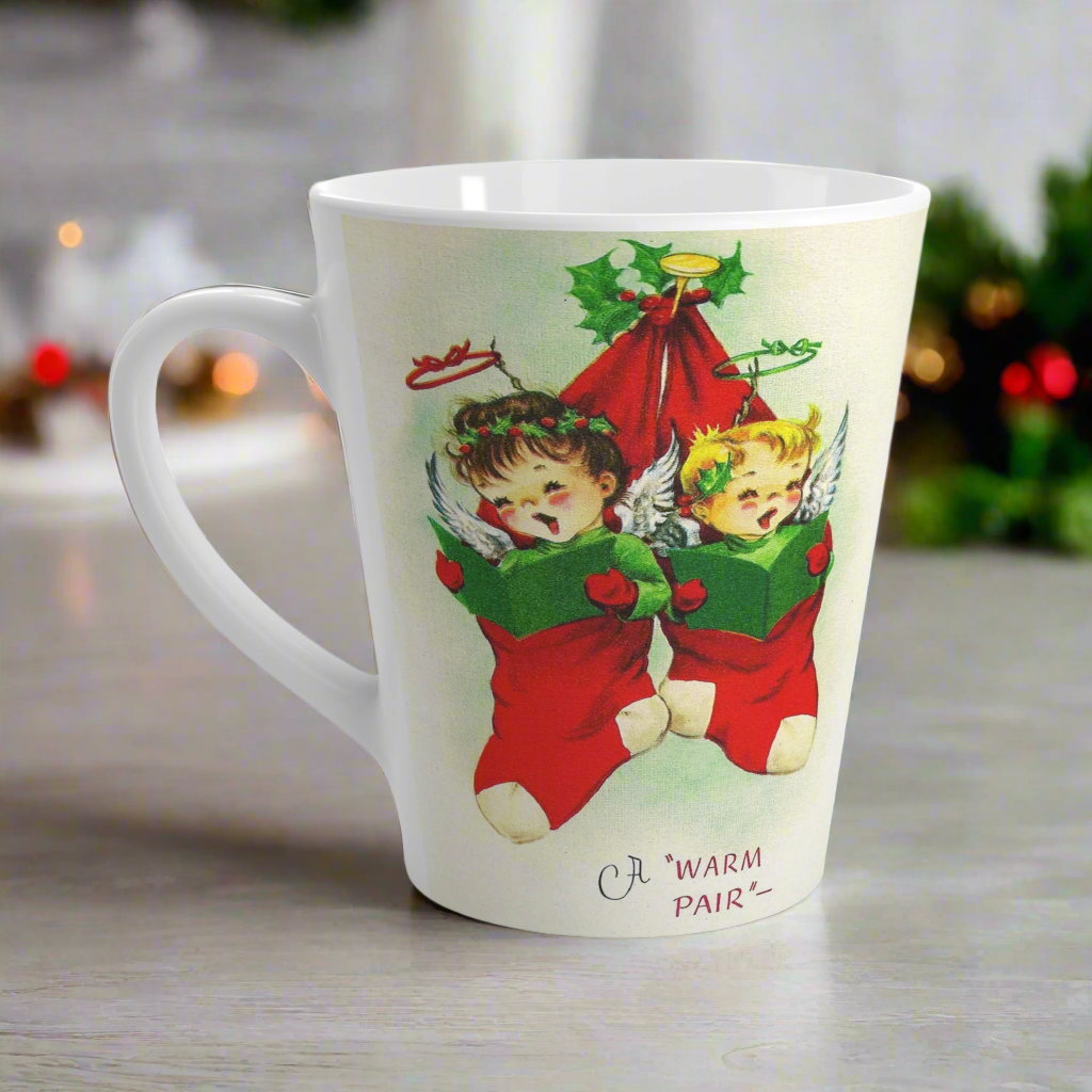 A Warm Pair Christmas Angels In Stocking Retro Christmas Print Latte Coffee Mug