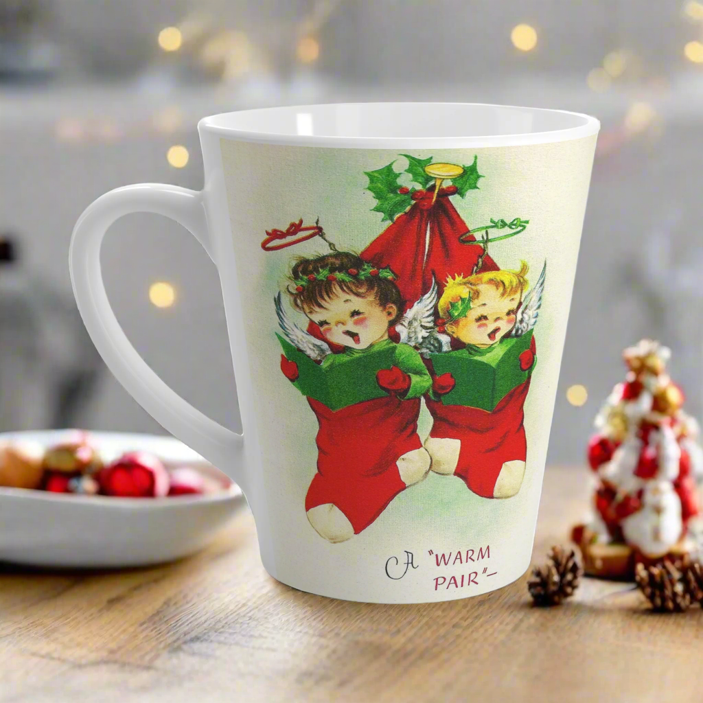 A Warm Pair Christmas Angels In Stocking Retro Christmas Print Latte Coffee Mug