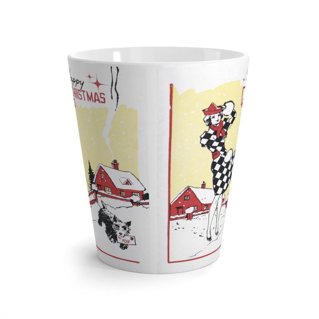 Happy Christmas Lady With Black Scottie Deco Mid Century Retro Christmas Print Latte Coffee Mug