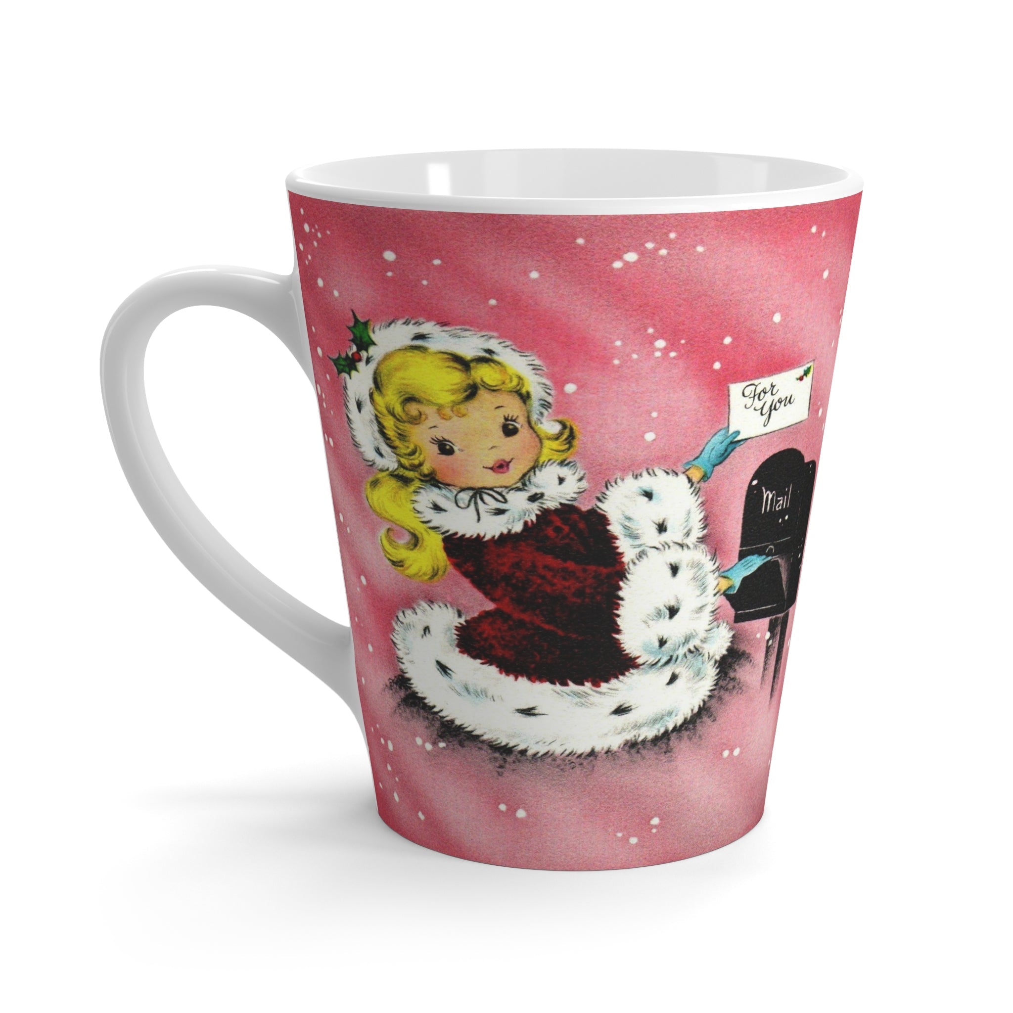 For You Christmas Lady Mailing Card In Snow Retro Christmas Print Latte Coffee Mug