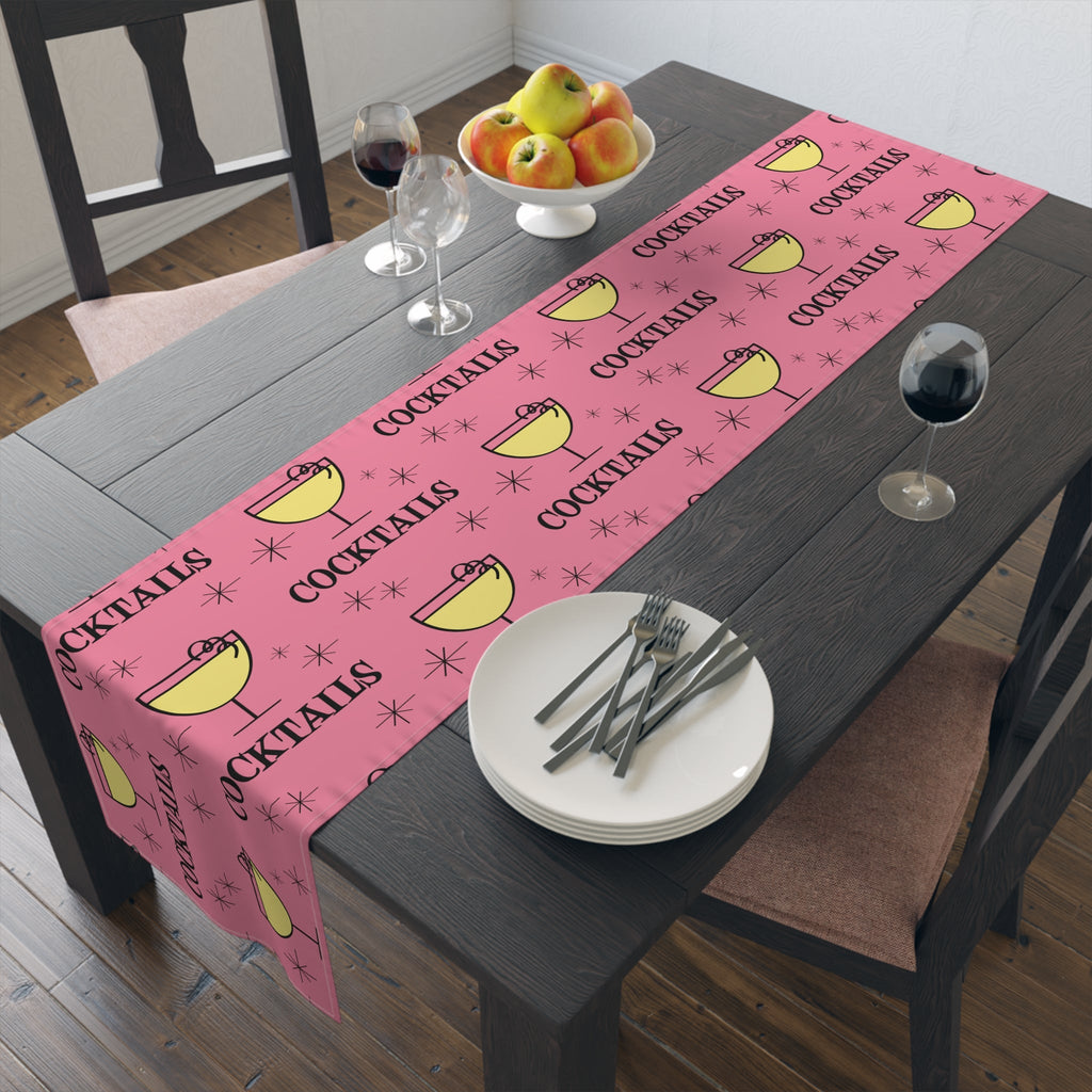 Cocktails Pink Atomic Mid Century Retro Style Design Cotton Poly Table Runner