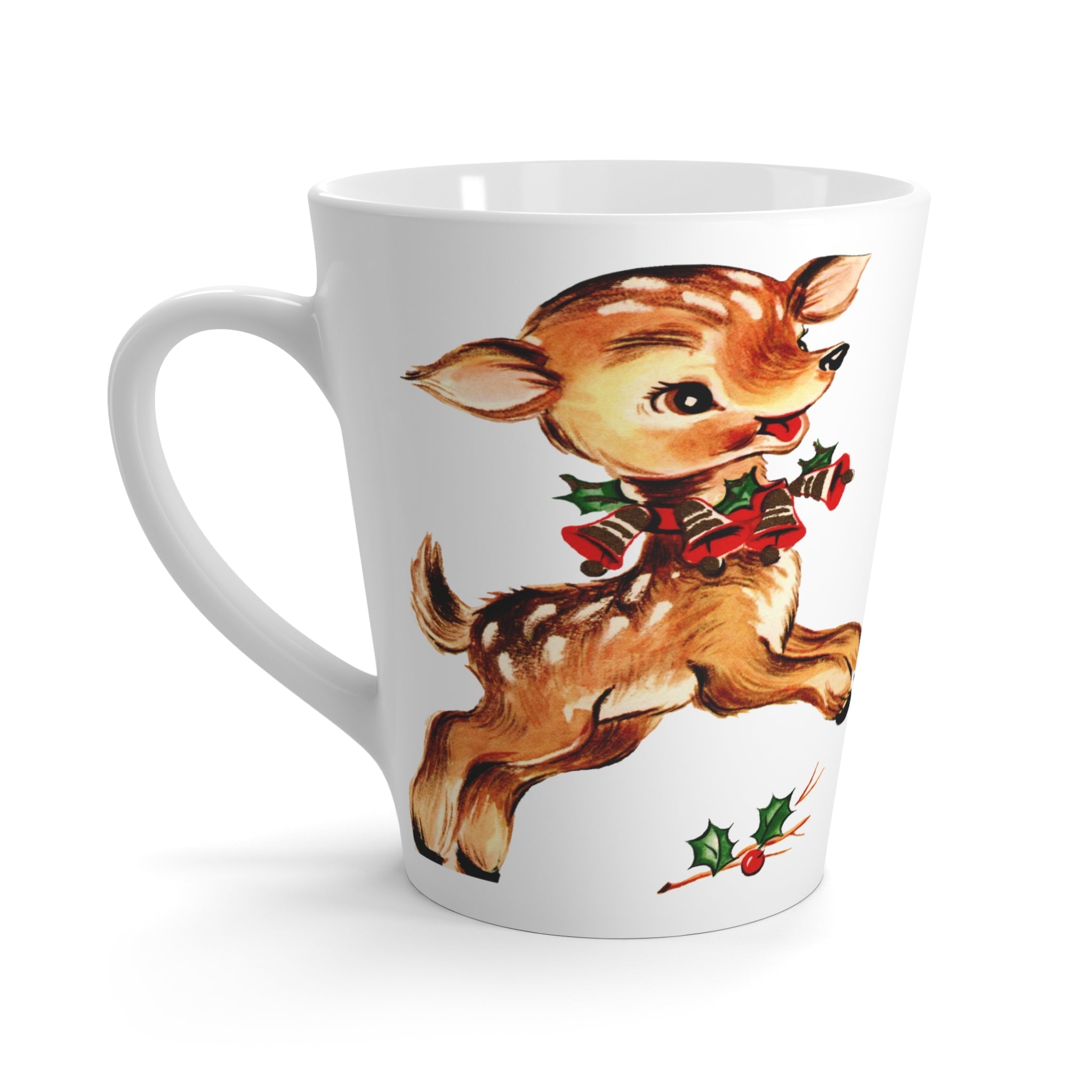 Reindeer With Holly Retro Christmas Print Print Latte Mug
