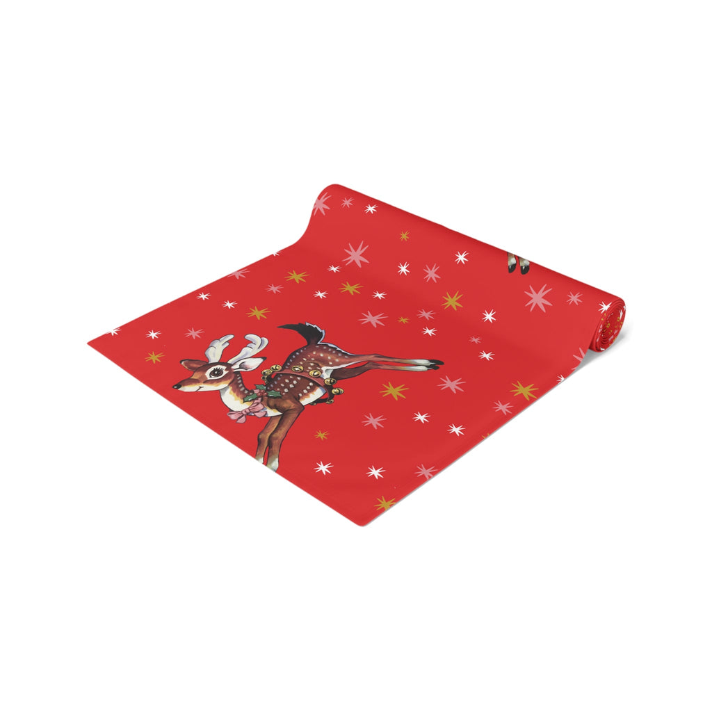Leaping Reindeer Stars Red Midcentury Retro Christmas Polyester Table Runner