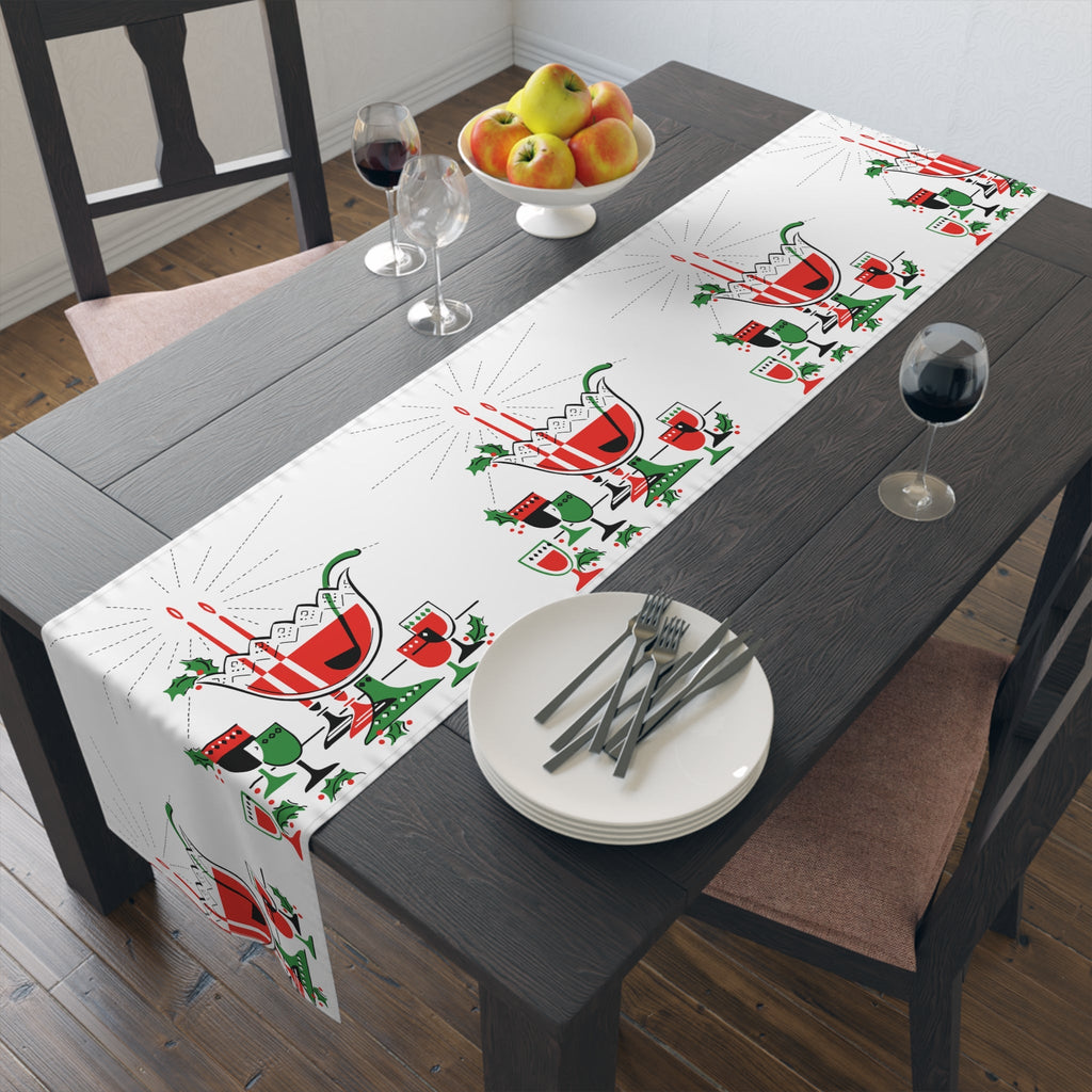 Christmas Cocktails Punchbowl 50s Mid Century Retro Christmas Print Home Decor Cotton Poly Table Runner