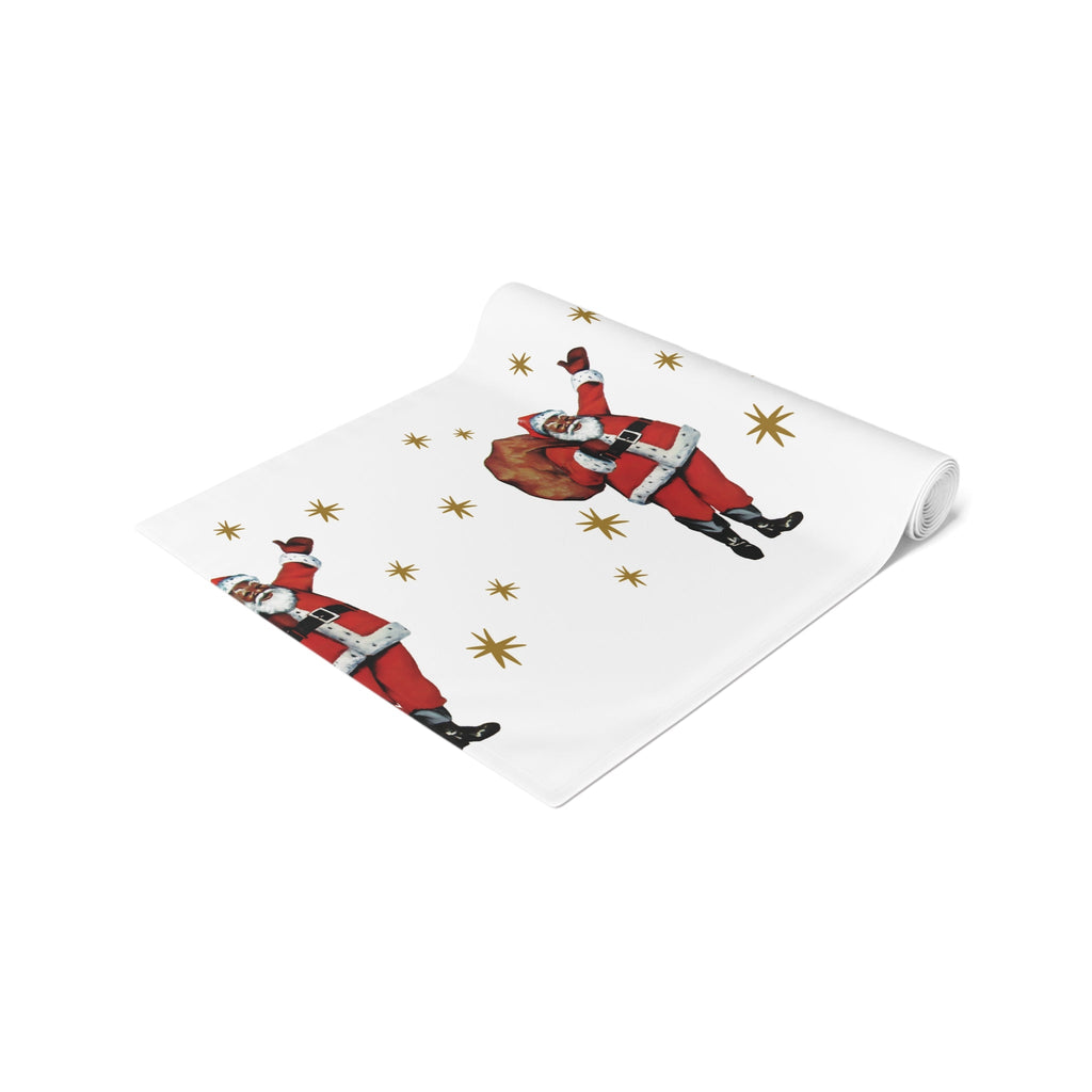 Midcentury Diverse Black Santa Gold Stars Vintage Polyester Table Runner