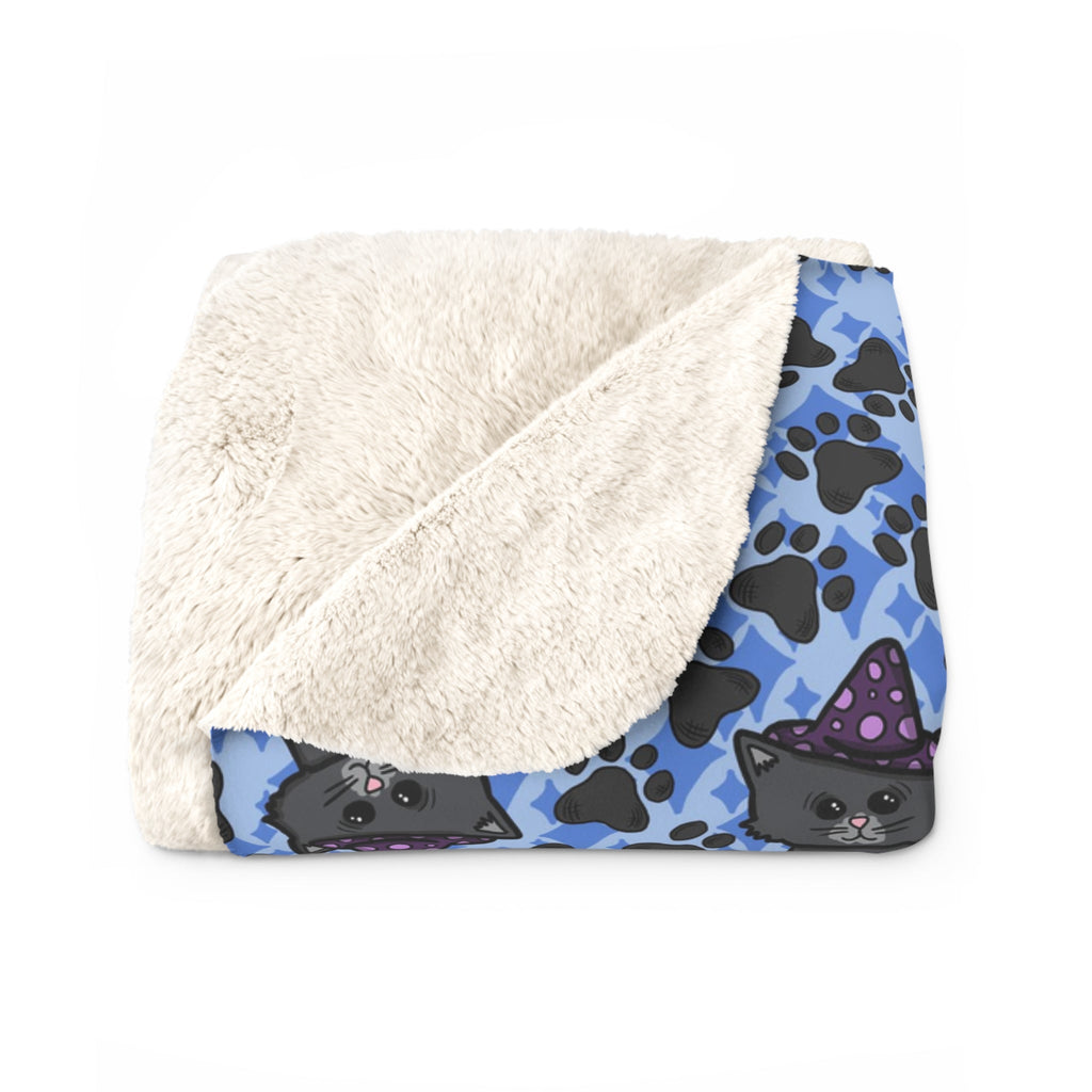 Witchy Kitties Blue Halloween Sherpa Fleece Blanket