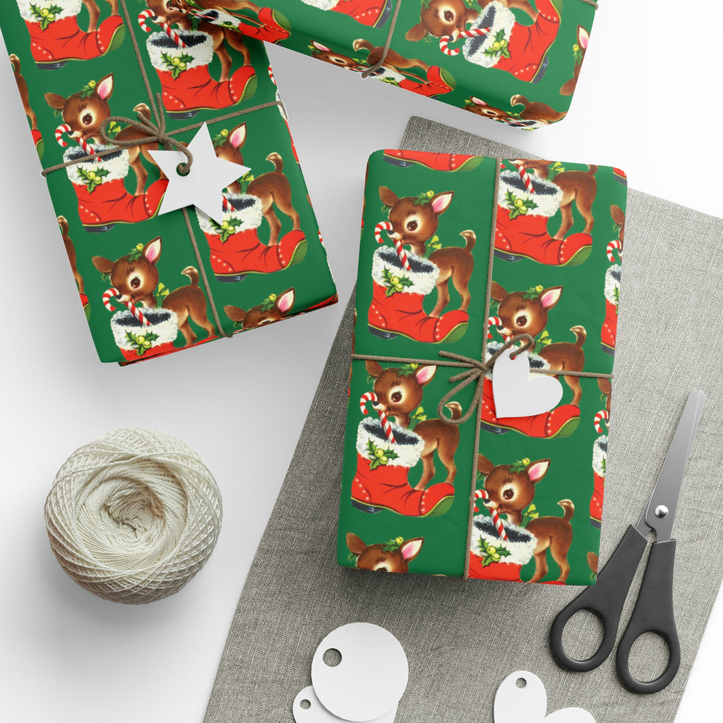 Reindeer With Stocking Mid Century Retro Christmas Print Holiday Gift Wrap Paper - Glossy Or Matte