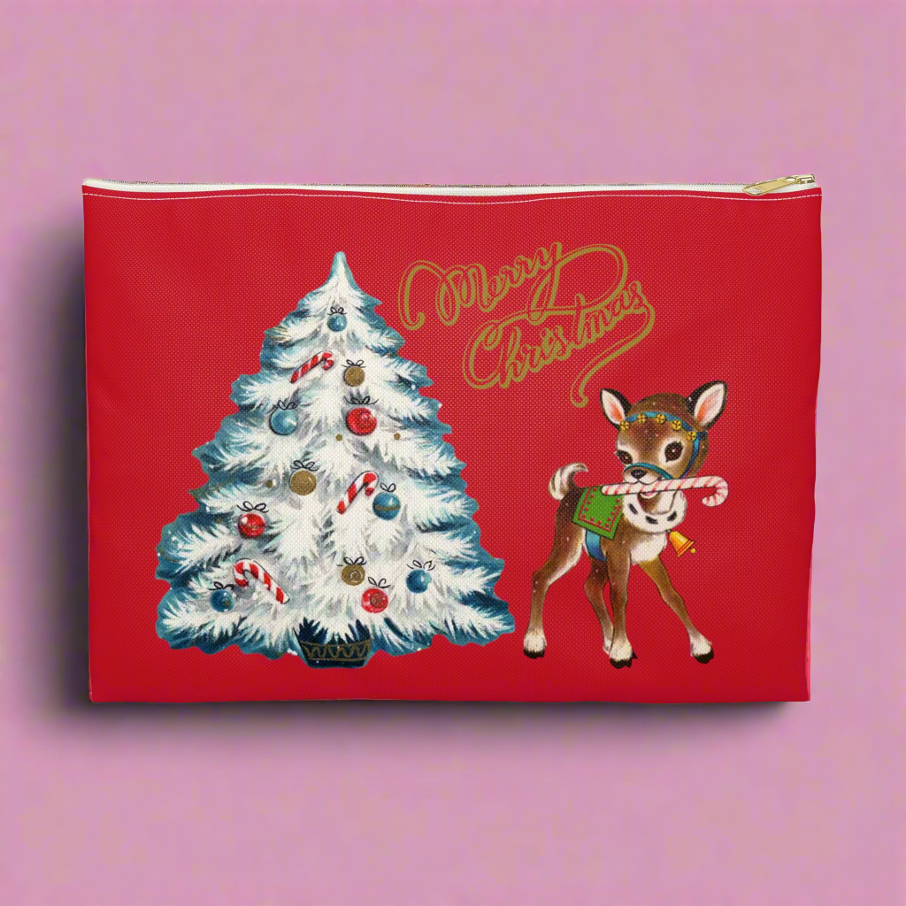 Merry Christmas Reindeer Tree Red Retro Christmas Print Polyester Accessory Pouch Travel Bag