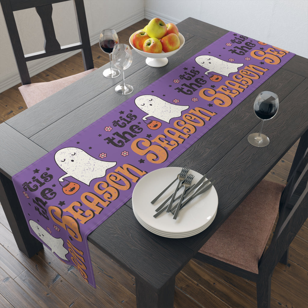 Tis The Season Trick Or Treat Ghost Distressed Halloween Print Fall Autumn Decor Cotton Poly Table Runner
