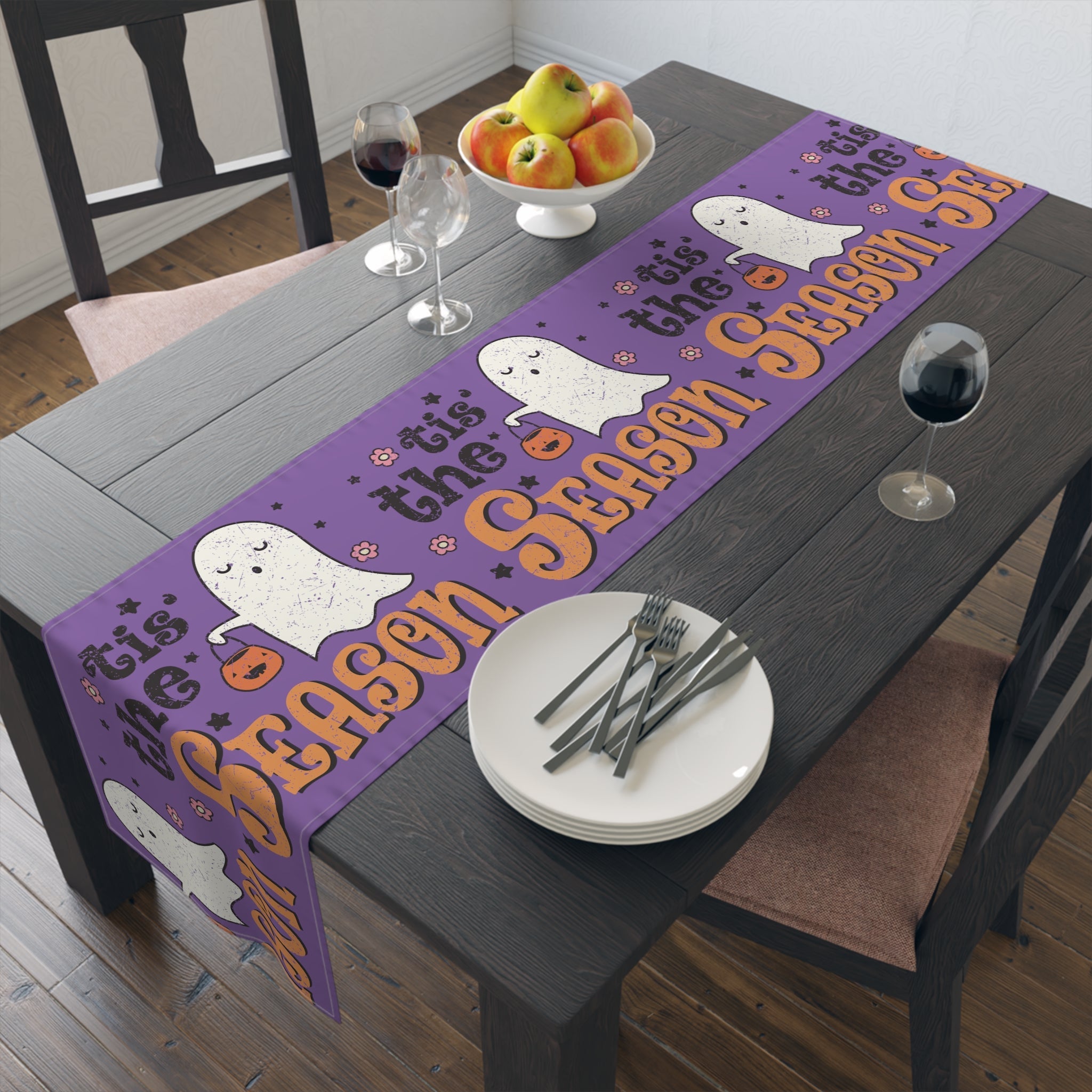 Tis The Season Trick Or Treat Ghost Distressed Halloween Print Fall Autumn Decor Cotton Poly Table Runner