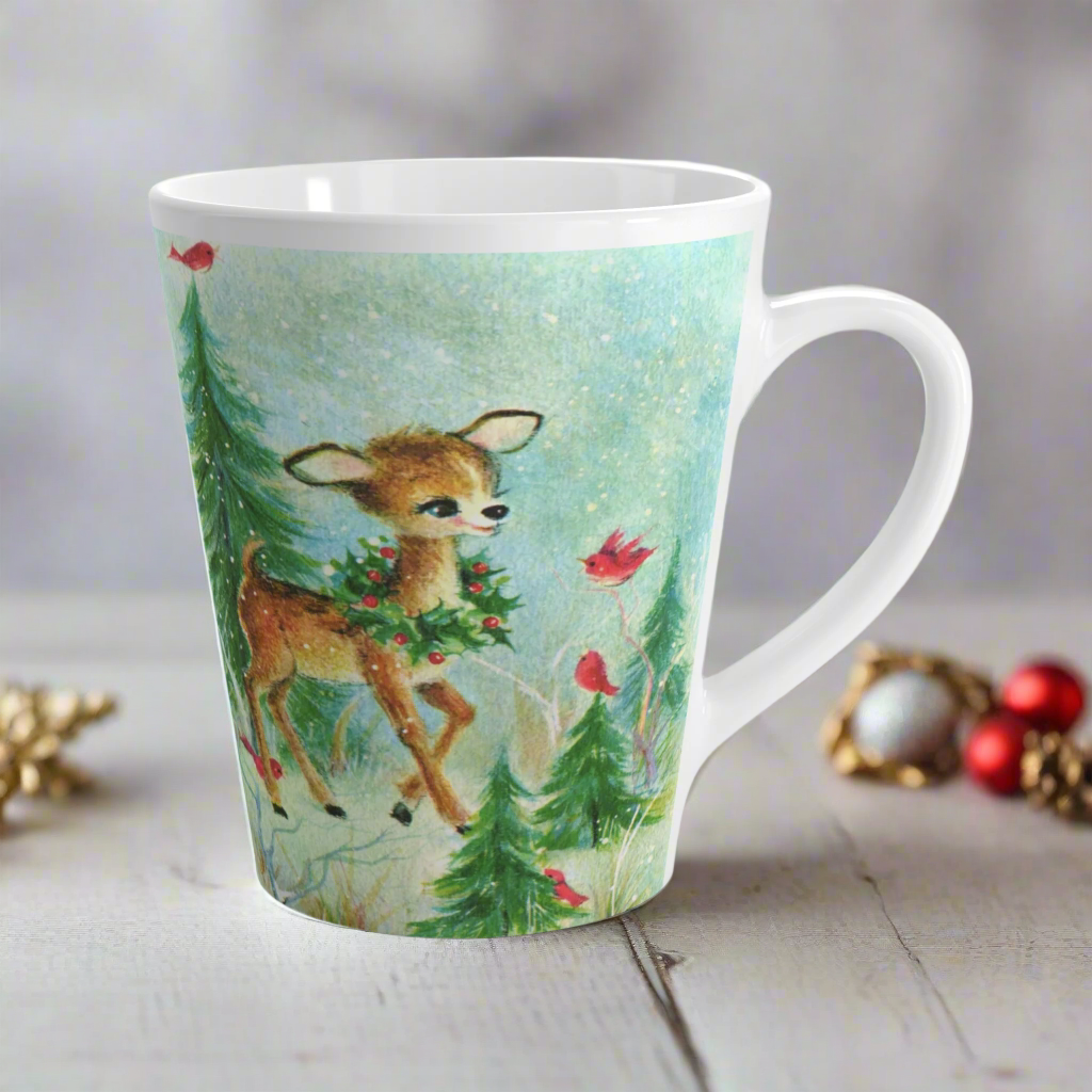 Baby Deer Fawn Red Birds Woodland Retro Christmas Latte Coffee Mug