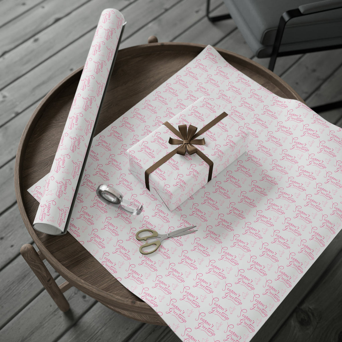Season's Greetings Pink Dove Pink Retro Style Christmas Print Holiday Gift Wrap Paper - Glossy Or Matte