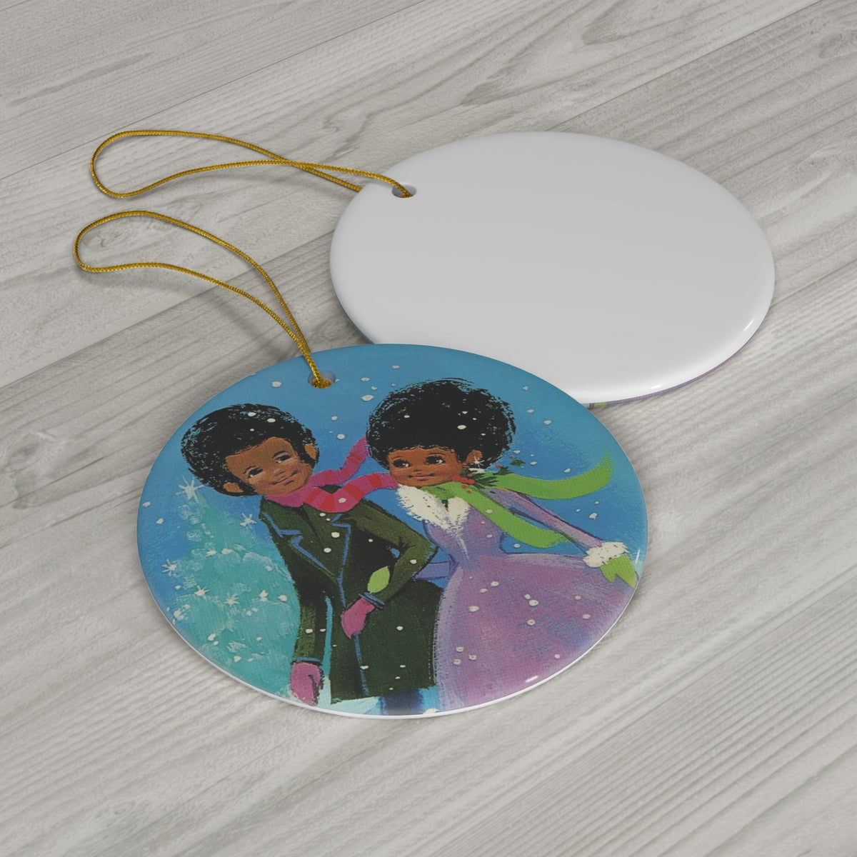 Christmas Couple In Snow Mod Retro Christmas Print Ceramic Ornament
