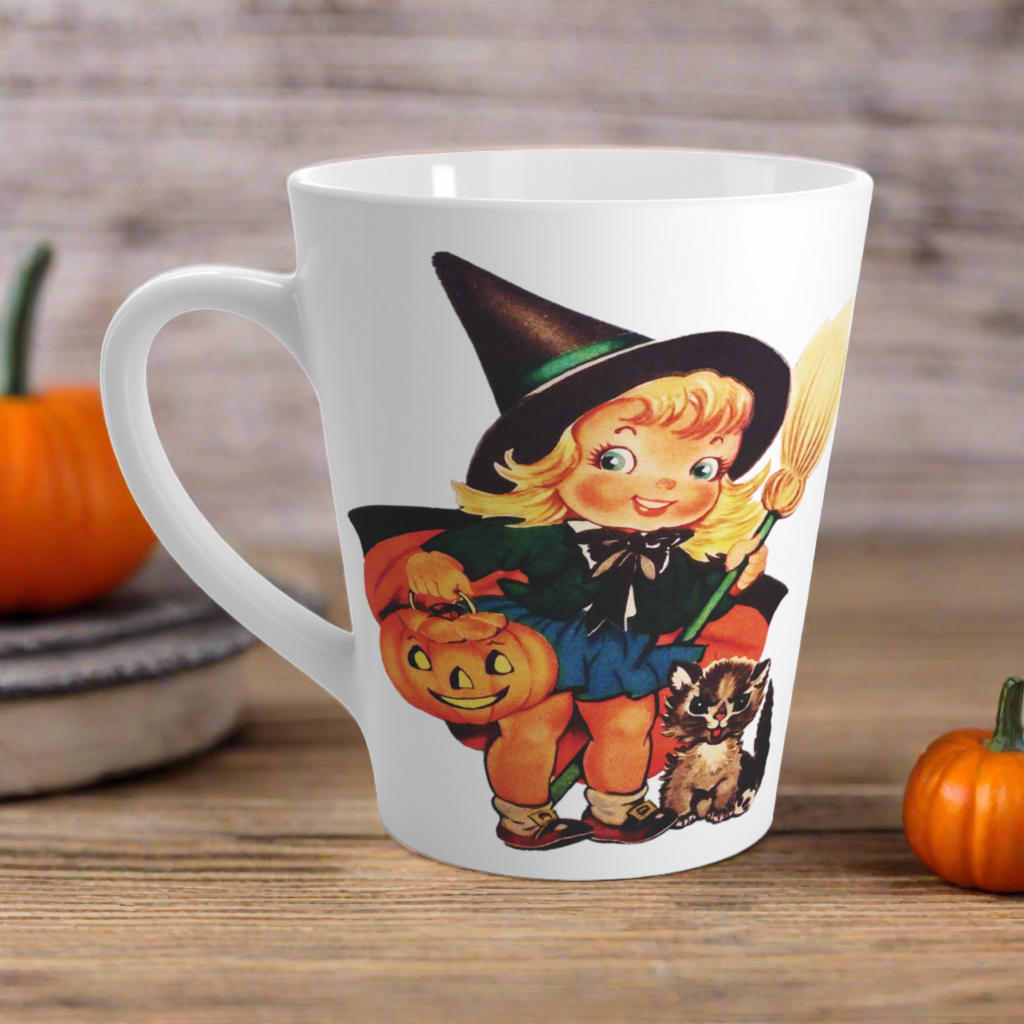 Cute Little Witch With Cat Retro Vintage Halloween Print Latte Coffee Mug