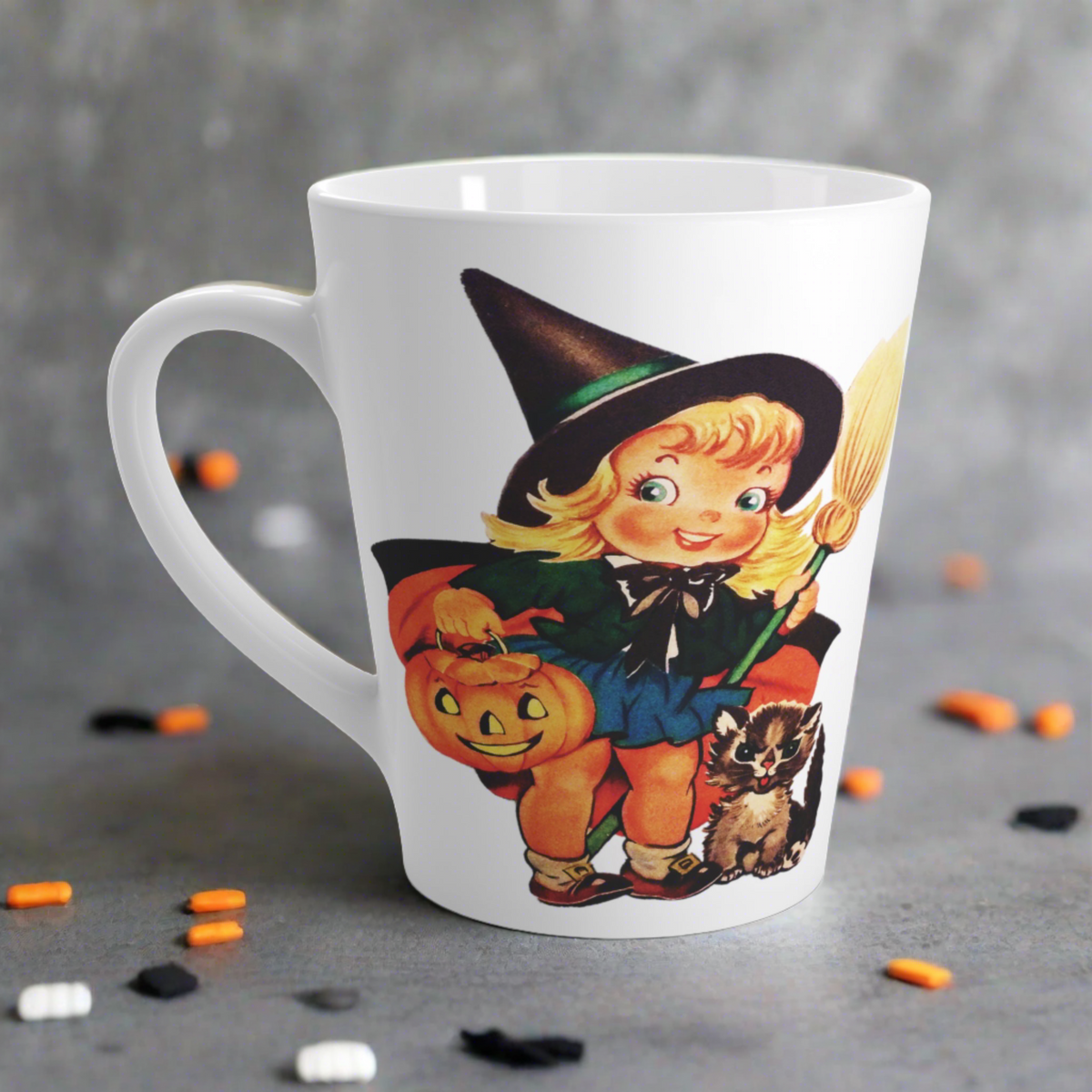 Cute Little Witch With Cat Retro Vintage Halloween Print Latte Coffee Mug