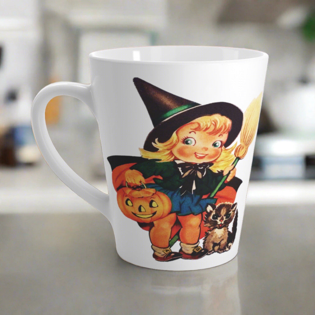 Cute Little Witch With Cat Retro Vintage Halloween Print Latte Coffee Mug