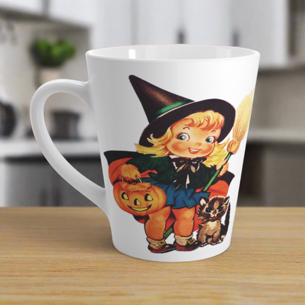 Cute Little Witch With Cat Retro Vintage Halloween Print Latte Coffee Mug