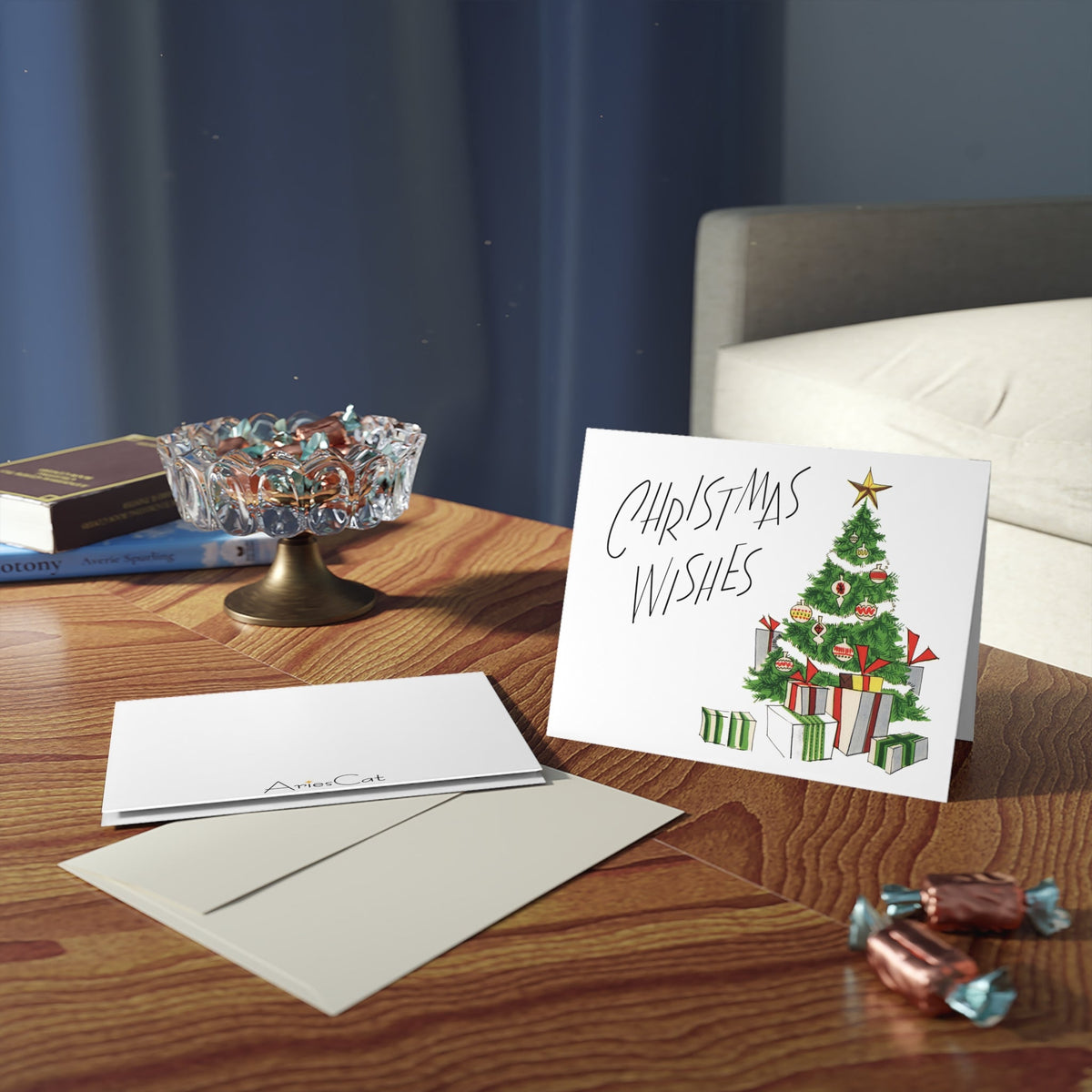 Christmas Wishes Tree With Presents Mid Century Retro Christmas Print Matte Greeting Cards (8, 16, and 24 pcs)
