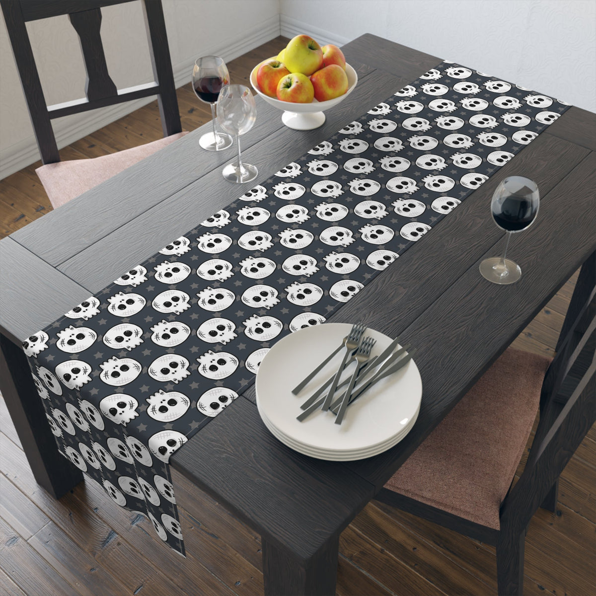 Skulls And Stars Cute Halloween Print Fall Autumn Decor Purple Cotton Poly Table Runner