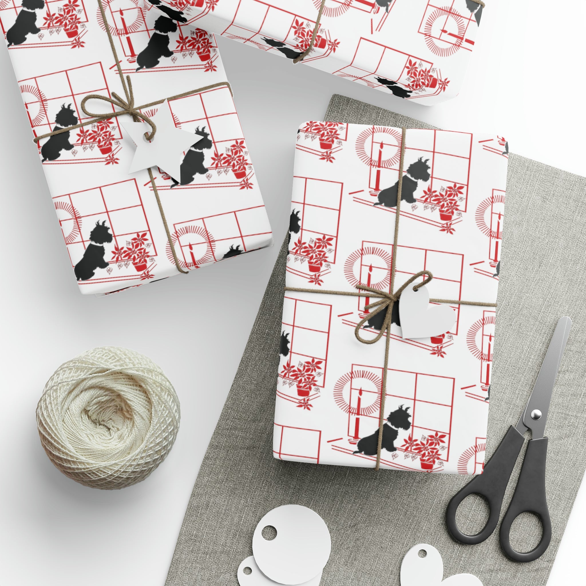 Black Scottie In Window With Candle And Poinsettias Mid Century Retro Christmas Print Holiday Gift Wrap Paper - Glossy Or Matte