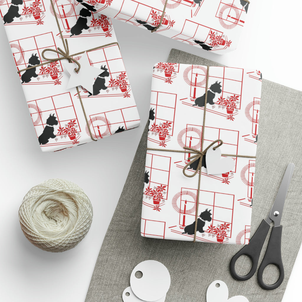 Black Scottie In Window With Candle And Poinsettias Mid Century Retro Christmas Print Holiday Gift Wrap Paper - Glossy Or Matte