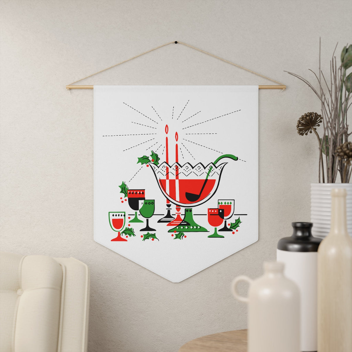 Christmas Cocktails Punchbown Mid Century Retro Christmas Print Wall Hanging Banner Flag
