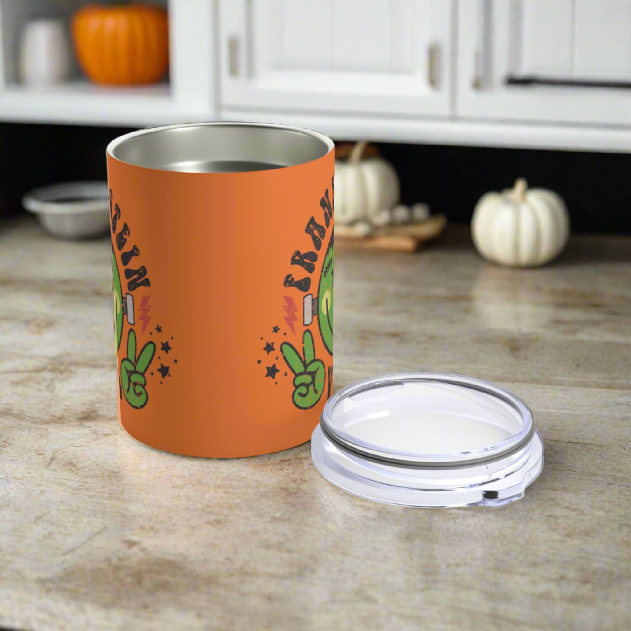 Frankenstein Vibes Distressed Orange Halloween 10oz Stainless Steel Travel Tumbler