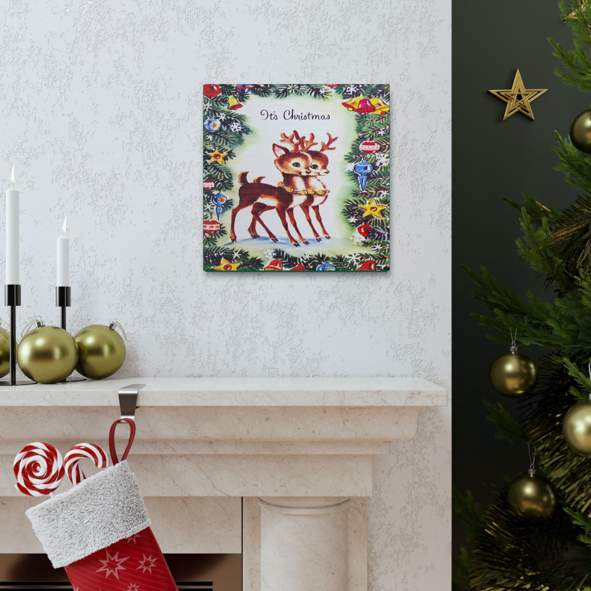 It's Christmas Cute Reindeer 50s Mid Century Retro Christmas Print Canvas Gallery Wrap
