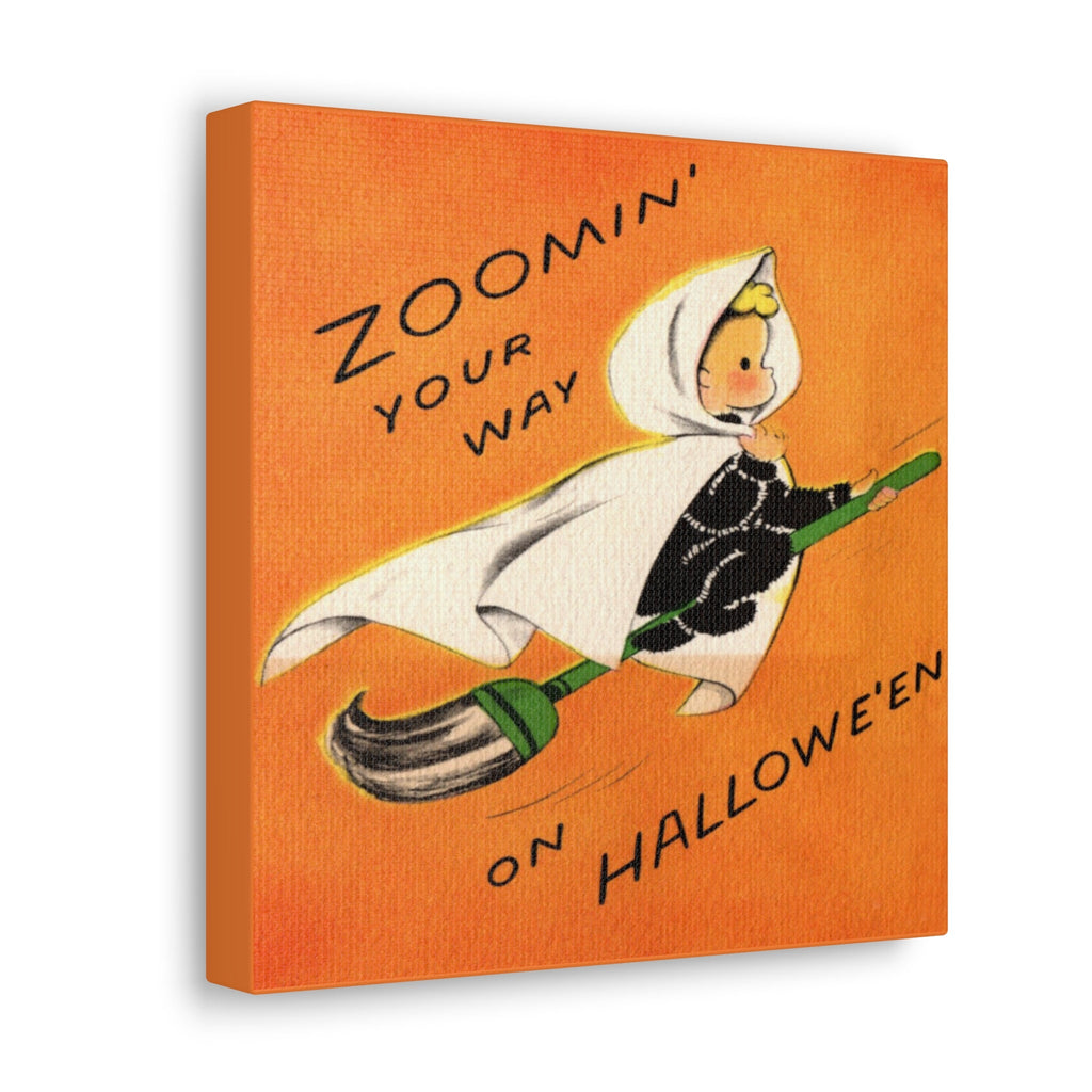 Zoomin' Your Way On Halloween Orange Witch On Broom Retro Halloween Decor Print Canvas Gallery Wrap