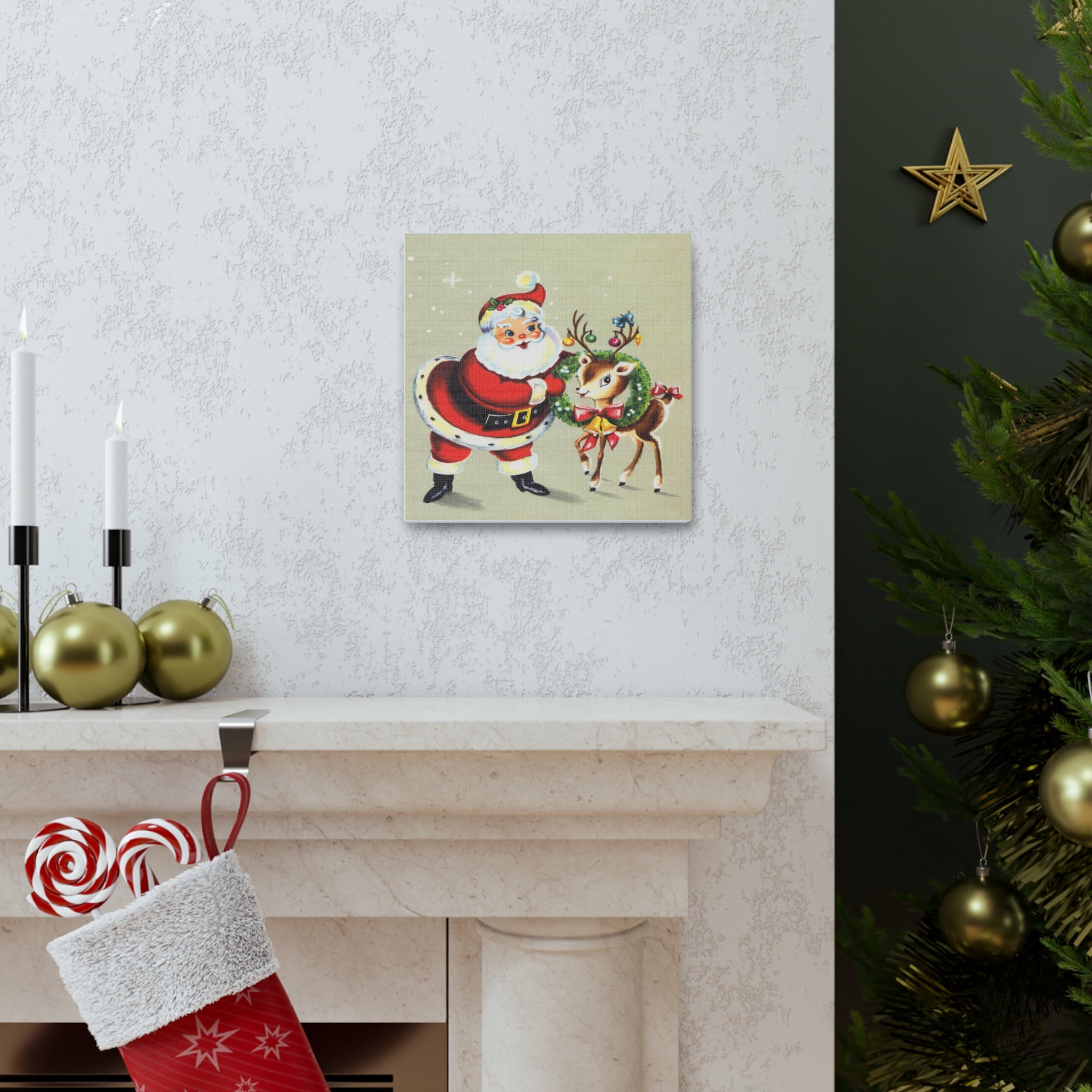 Santa And Reindeer Mid Century Retro Christmas Canvas Gallery Wrap