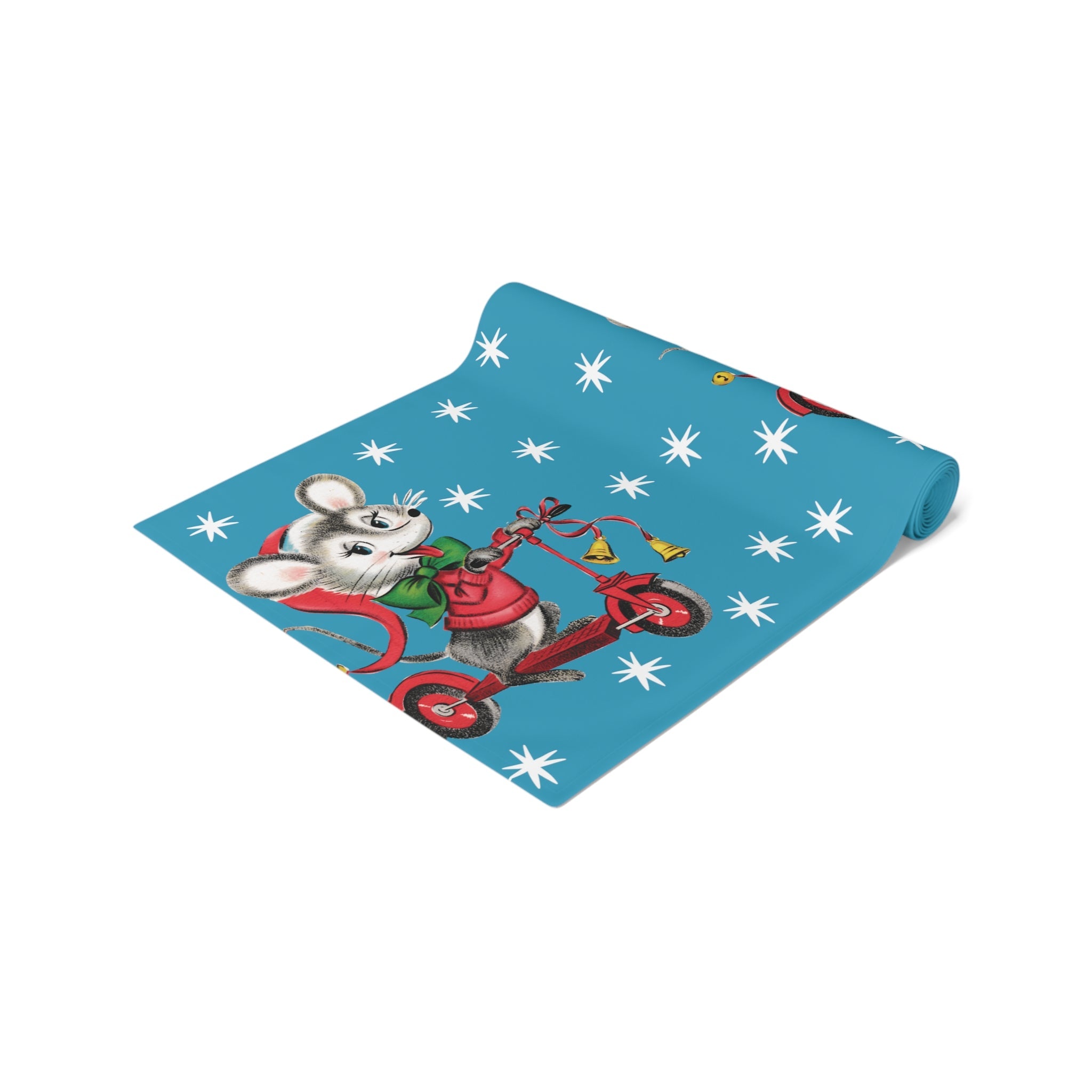Christmas Mouse On Scooter Blue Mid Century Retro Christmas Print Home Decor Cotton Poly Table Runner