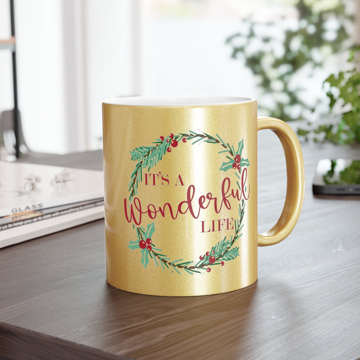 It's A Wonderful Life Wreath Christmas Gold Metallic Mug