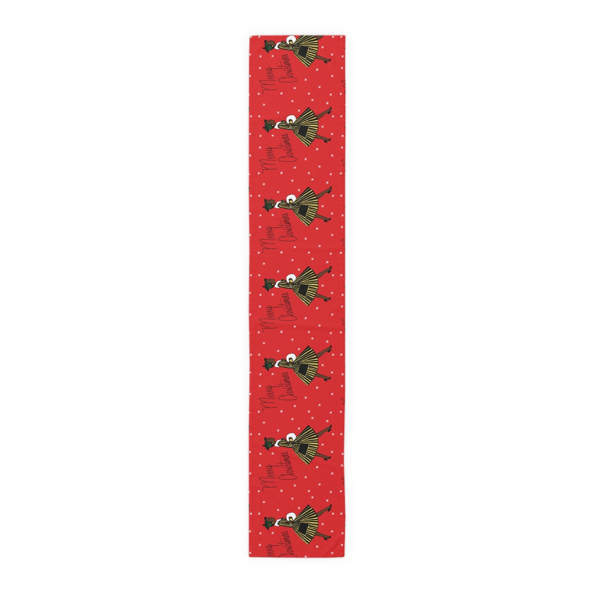 Merry Christmas Lady In Snow Red Retro Christmas Print Home Decor Cotton Poly Table Runner