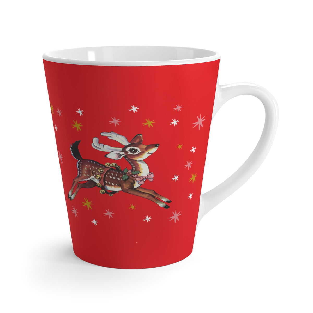 Reindeer Stars Retro Christmas Print Red Latte Mug