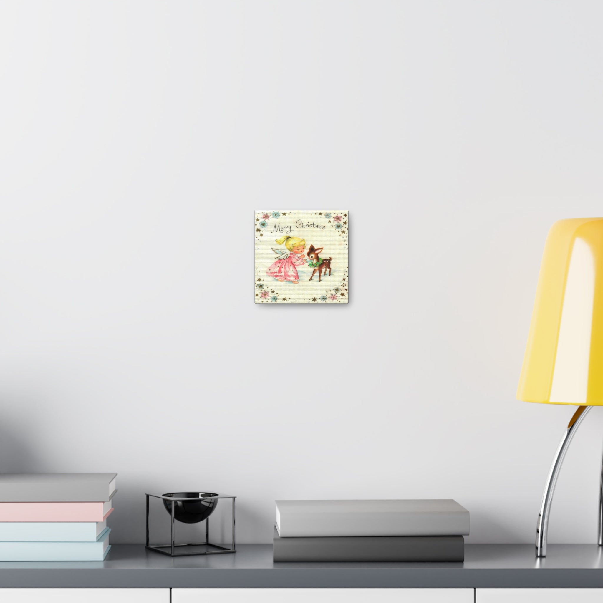 Merry Christmas Angel And Reindeer Retro Christmas Canvas Gallery Wrap