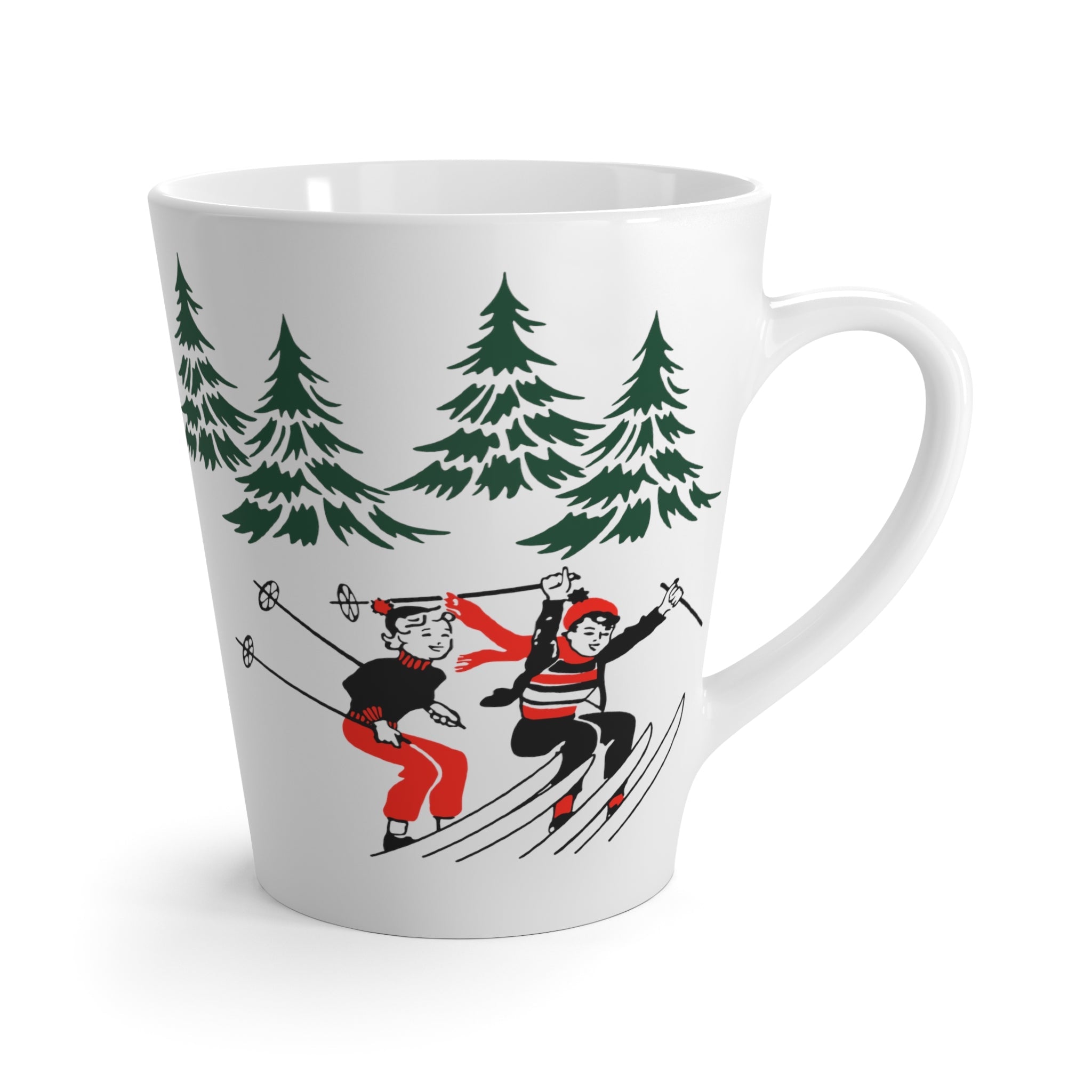 Christmas Skiing Couple Trees Winter Mid Century Retro Christmas Print Latte Coffee Mug