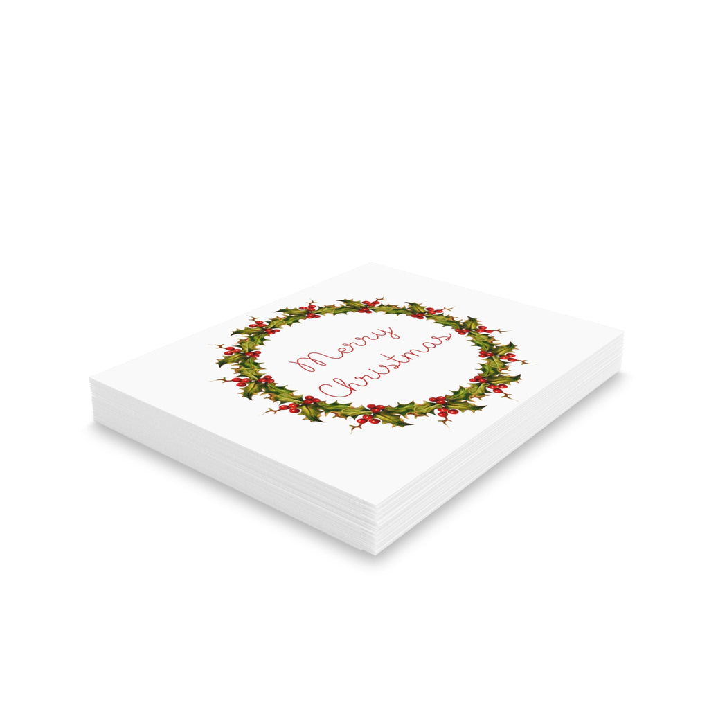 Merry Christmas Wreath Retro Style Christmas Matte Greeting Cards (8, 16, and 24 pcs)